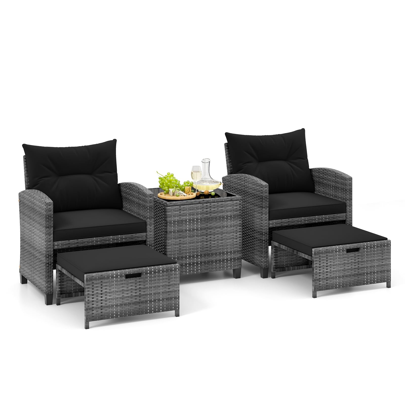 Tangkula 5 Piece Patio Rattan Furniture, Wicker Cushioned Chairs Set w/ 2 Ottomans & Tempered Glass Coffee Table